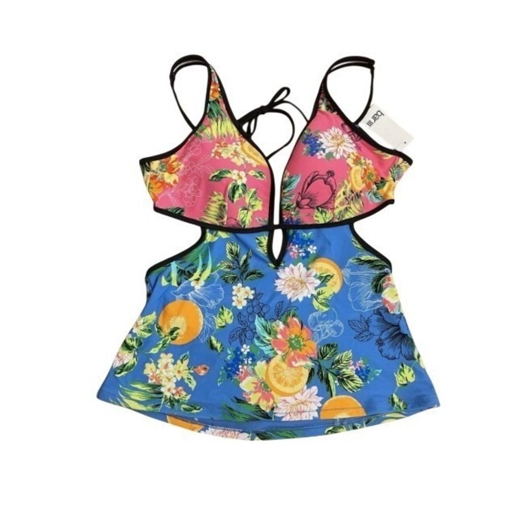 Bar III Summer Spritz Floral Orange Tropical Cutout Tankini Top Swim Size Medium